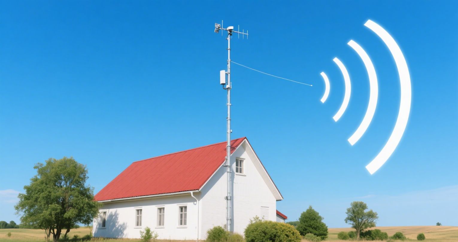 A rural home equipped with a long distance TV antenna for digital reception